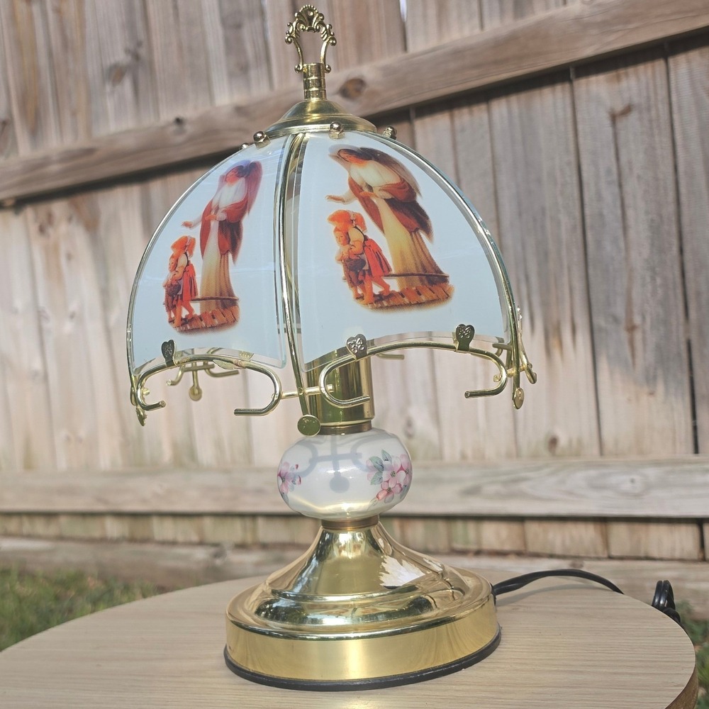 Vintage Guardian Angel Touch Lamp Brass Tone Floral Glass Panel 3-Way Light